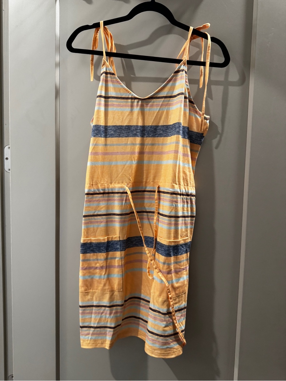 Striped Tie-Shoulder Sundress in Yellow and Blue